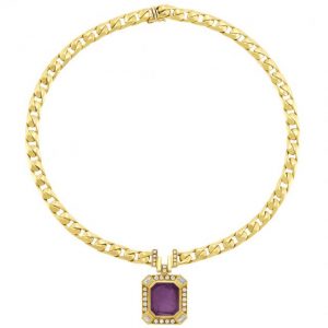 Gold, Amethyst Cameo and Diamond Pendant-Necklace