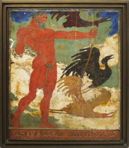 Scagliola panel, Heracles and the Stymphalian birds