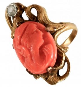 Victorian 14k Gold Coral Carved Cameo Ring