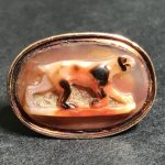 Roman agate cameo ring of a dog, set in modern 14k gold mounting