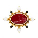 Gold, Red Glass, Mother-of-Pearl, Cultured Pearl and Black Onyx Bead Clip-Brooch, Elizabeth Locke