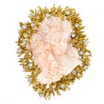Gold, Angel Skin Coral Cameo and Diamond Clip-Brooch