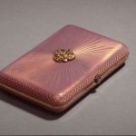Cigarette case in presentation box, gold / diamonds / guilloche enamel / wood / satin / velvet, August Hollming, Fabergé, St Petersburg, Russia, 1896-1908 Made by House of Faberge in Russia