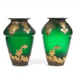 A pair of early 20th century Mont Joye (Legras & Cie) cameo cut, gilded and silvered green glass vases