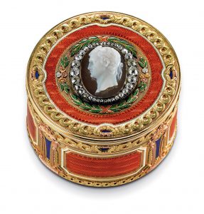 A Three-Colour Gold, Hardstone and Guilloché Enamel Box Marked Fabergé, with the workmaster's mark of Michael Perchin