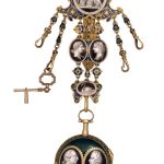 GOLD AND ENAMEL CASED CYLINDER WATCH WITH DUMB QUARTER-REPEAT AND EN-SUITE CHATELAINE
