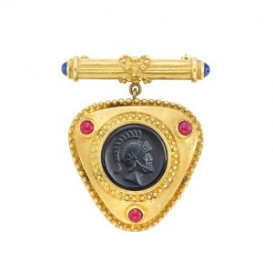Gold, Black Onyx Cameo and Cabochon Ruby and Sapphire Brooch
