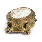 A late Victorian Continental giltmetal, green enamel and shell cameo trinket box