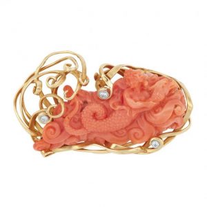 Gold, Carved Coral Mermaid and Diamond Brooch